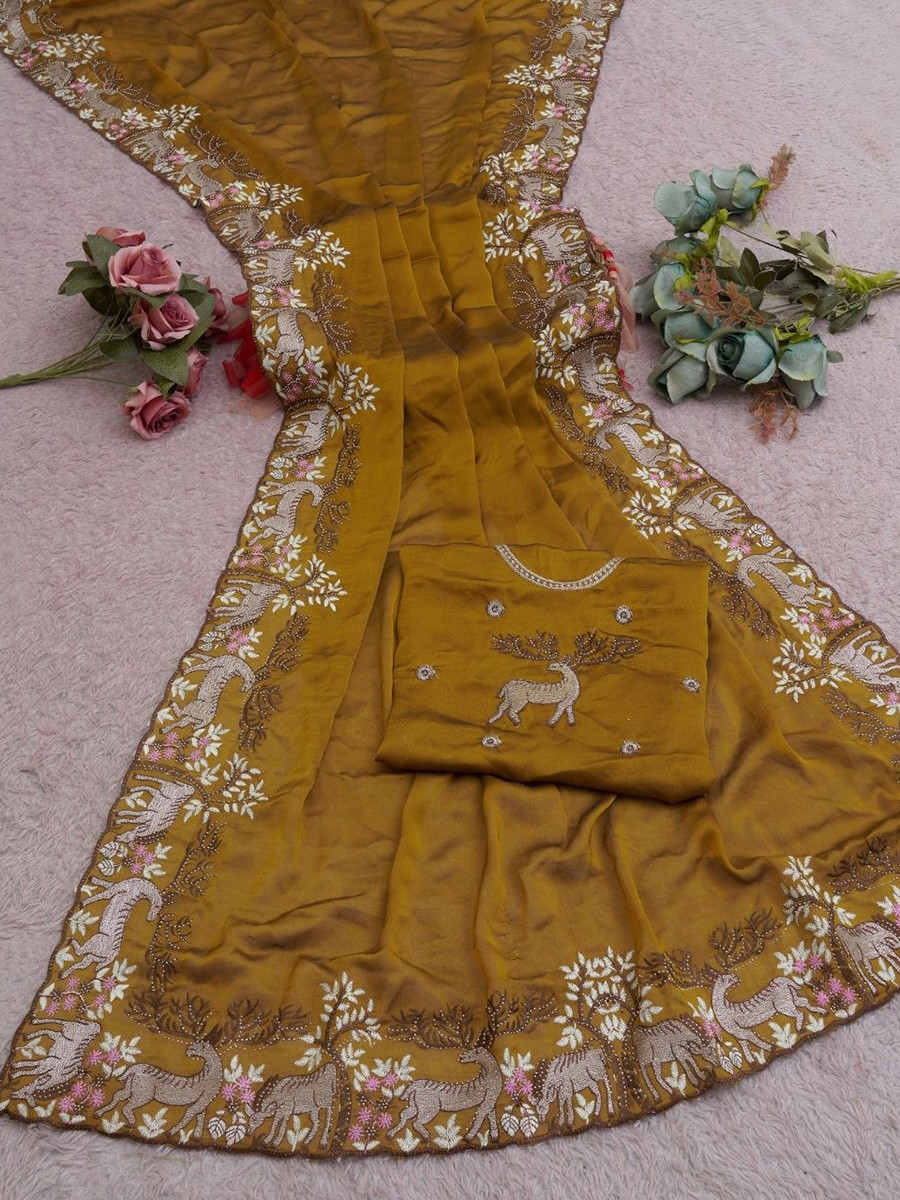 Yellow Black Rangoli Silk Embroidery Wedding Reception Party Festival Casual Heavy Border Sarees