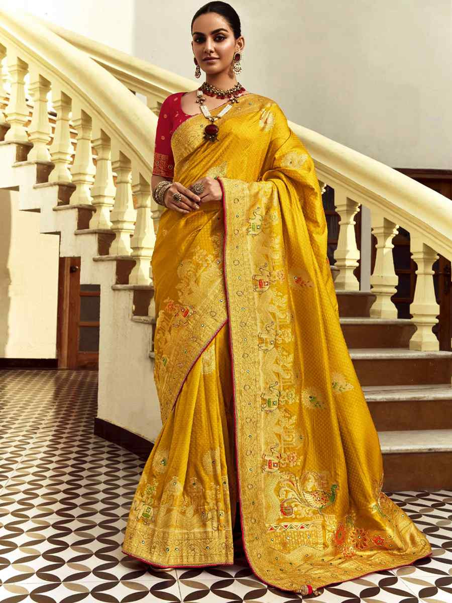 Yellow Black Viscose Handwoven Festival Wedding Fancy Heavy Border Saree