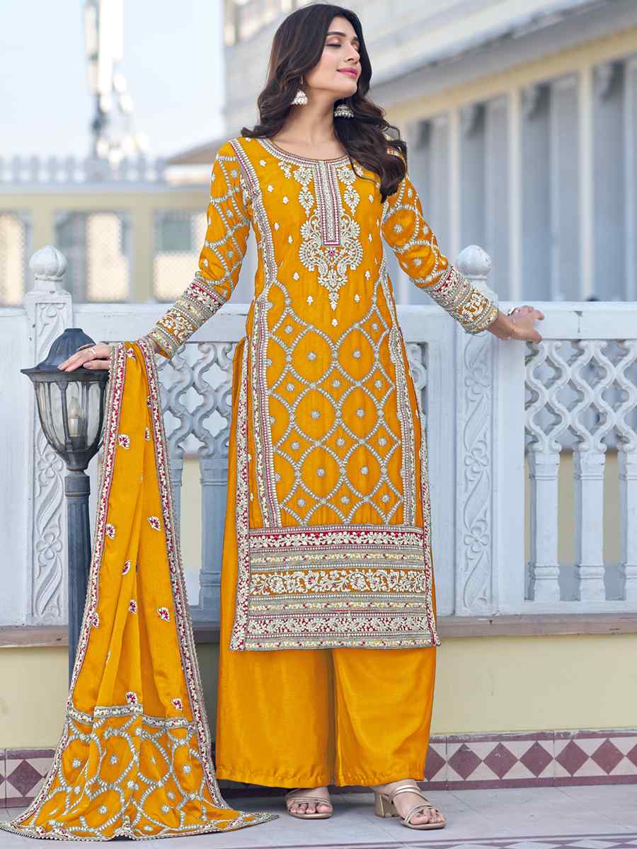 Yellow Blue Heavy Chinon Silk Embroidered Festival Wedding Pant Salwar Kameez