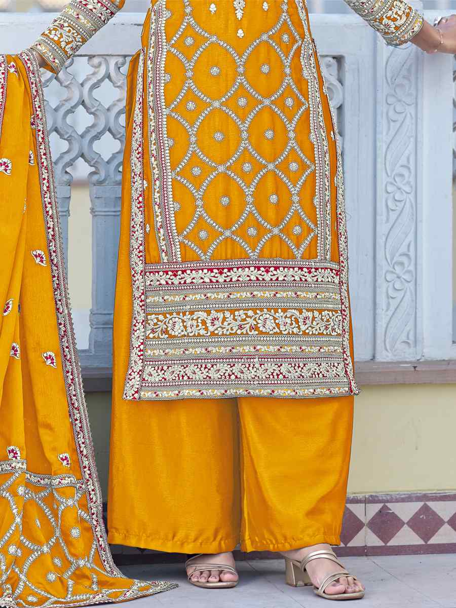 Yellow Blue Heavy Chinon Silk Embroidered Festival Wedding Pant Salwar Kameez