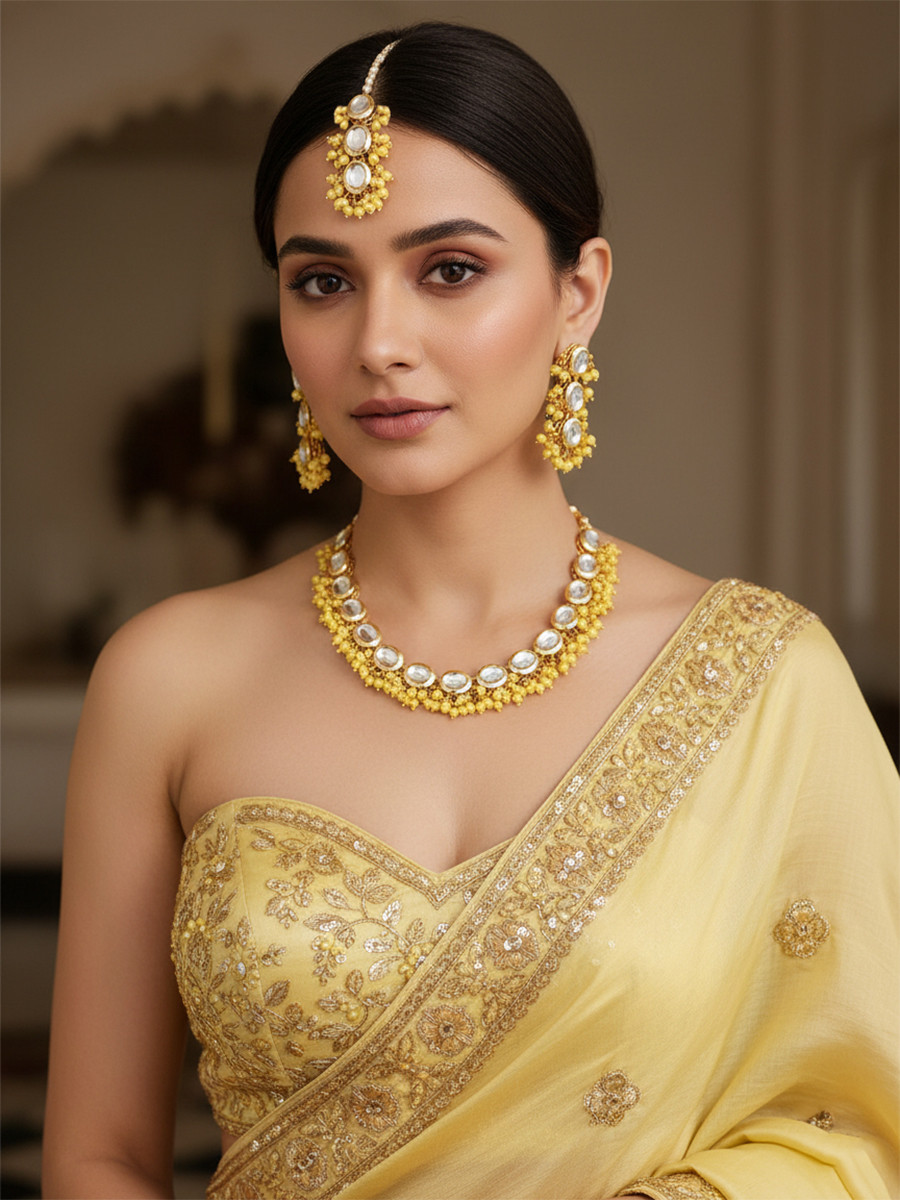 Yellow Brass Wedding Party Festival Wear Kundan Necklace