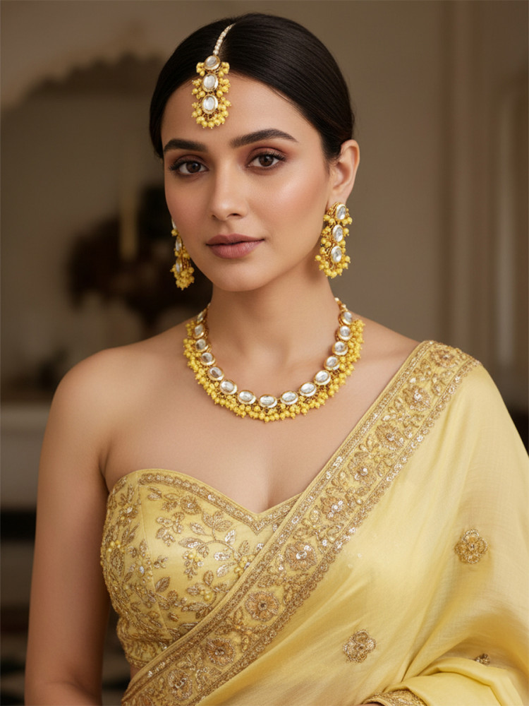 Image of Yellow Brass Wedding Party Festival Wear Kundan Necklace