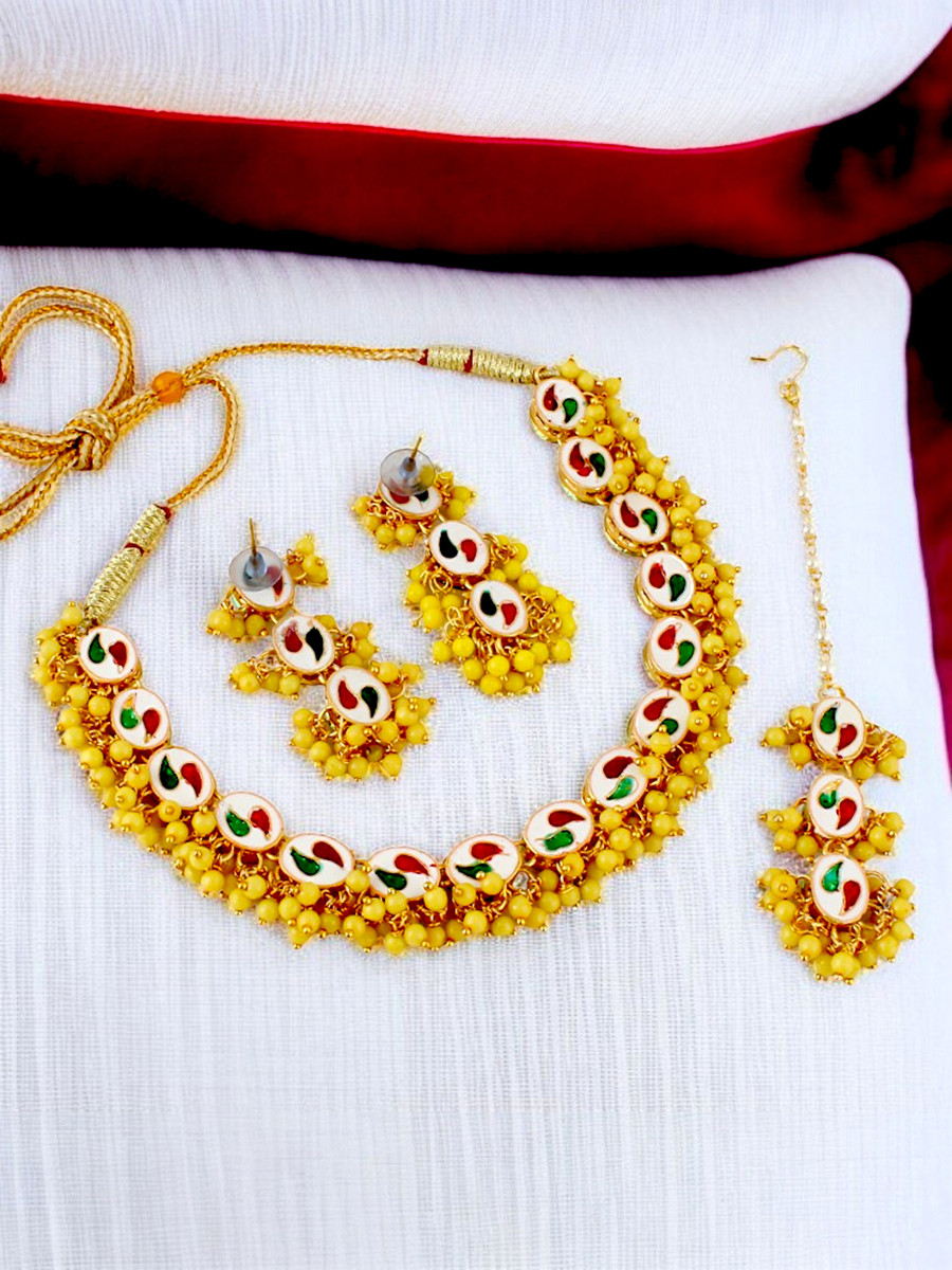 Yellow Brass Wedding Party Festival Wear Kundan Necklace