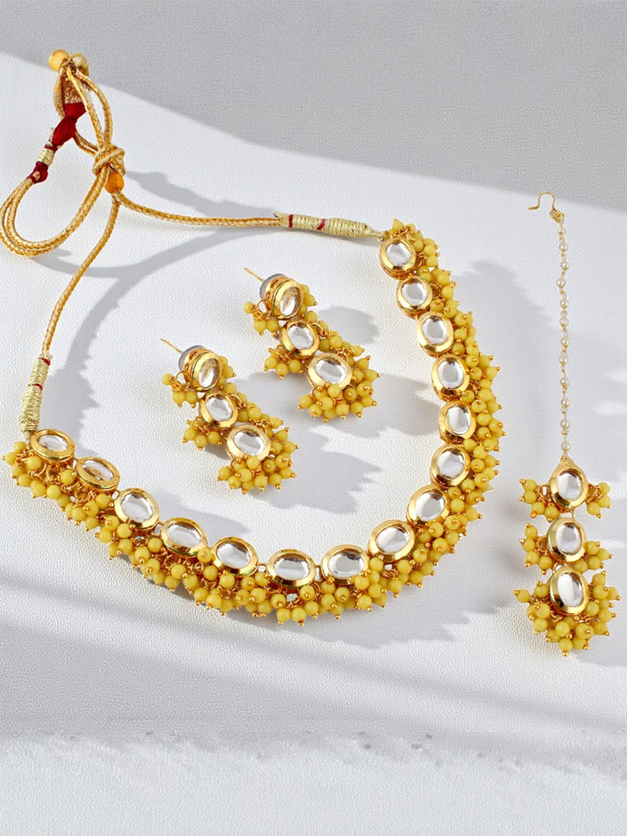 Yellow Brass Wedding Party Festival Wear Kundan Necklace