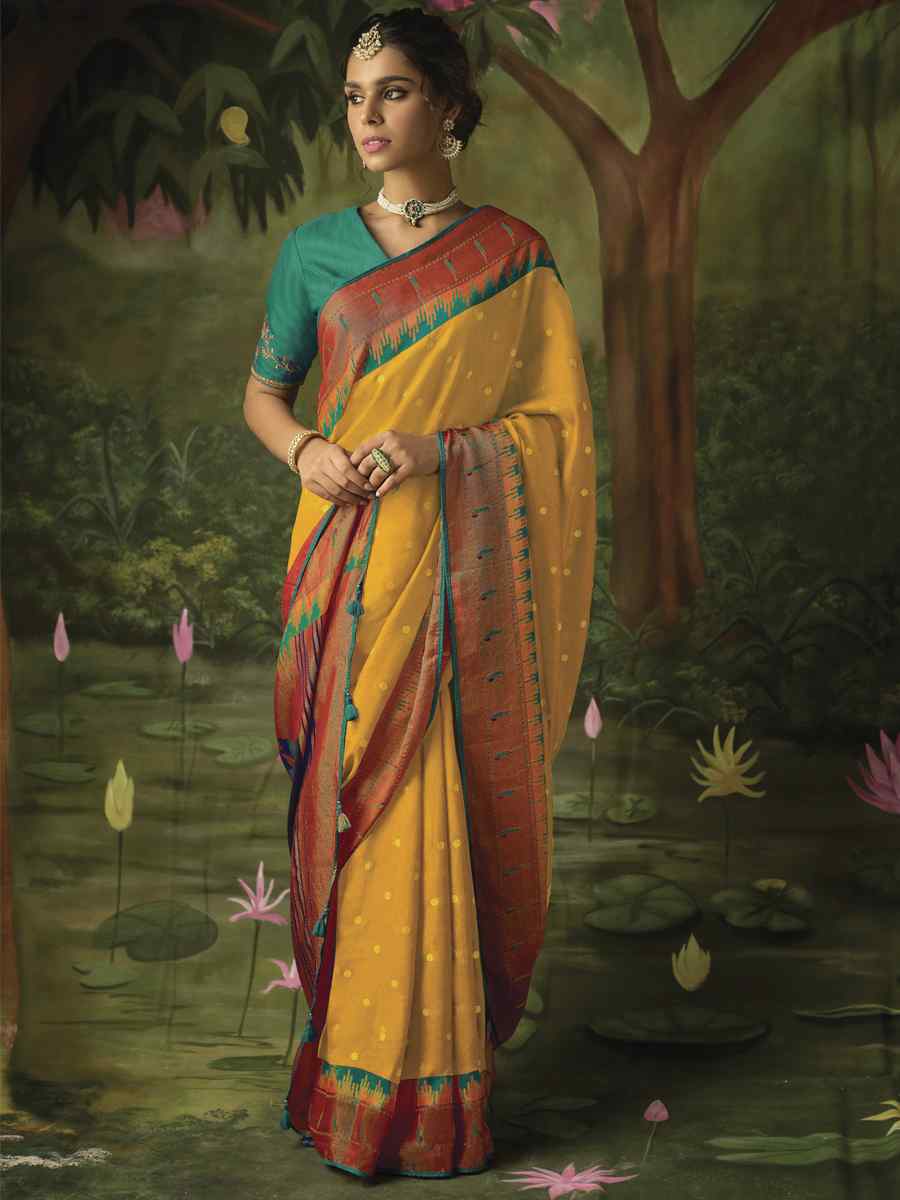 Yellow Brasso Embroidered Party Festival Classic Style Saree