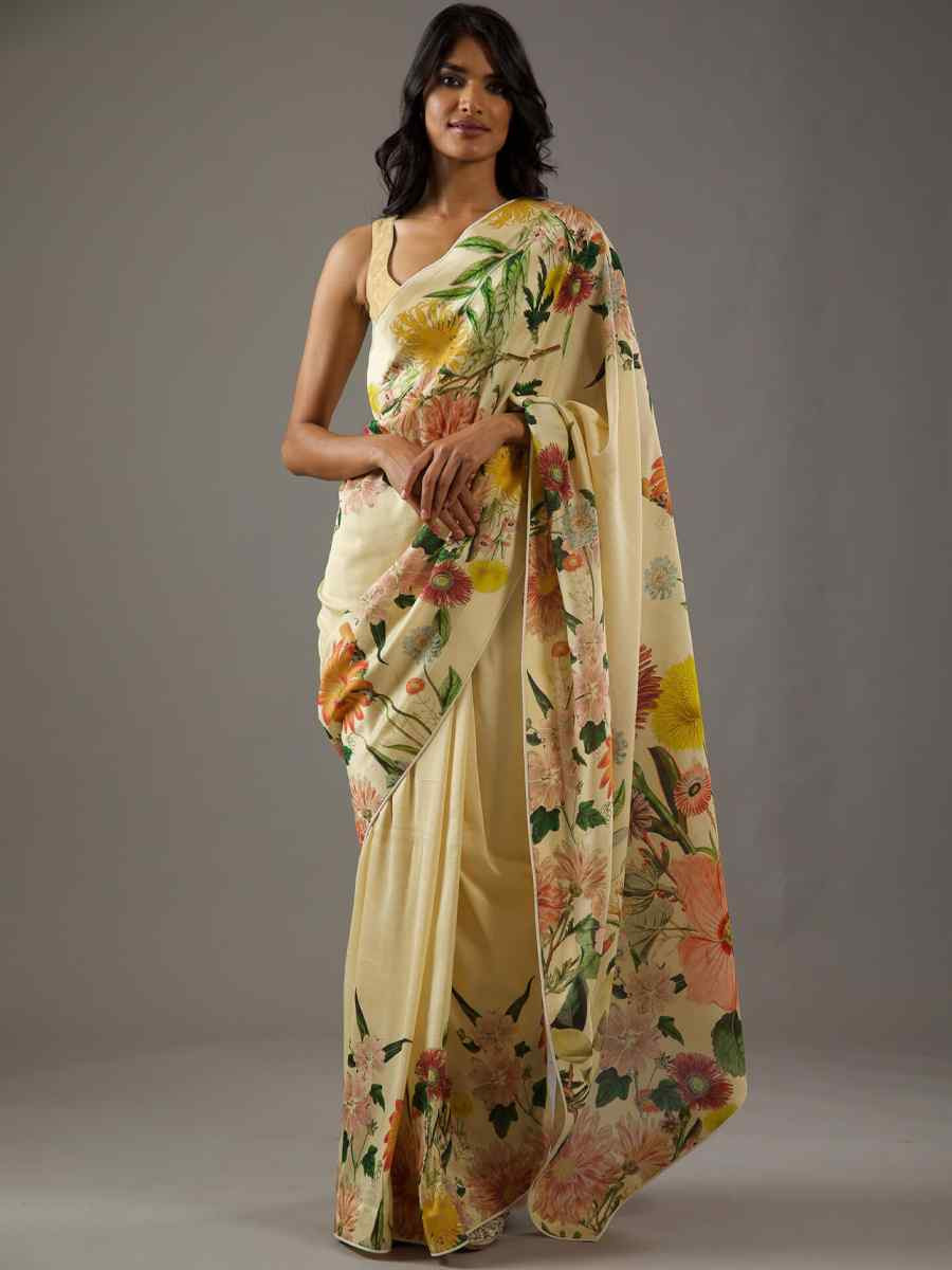 Yellow Bright Moss Printed Festival Casual Contemporary Saree