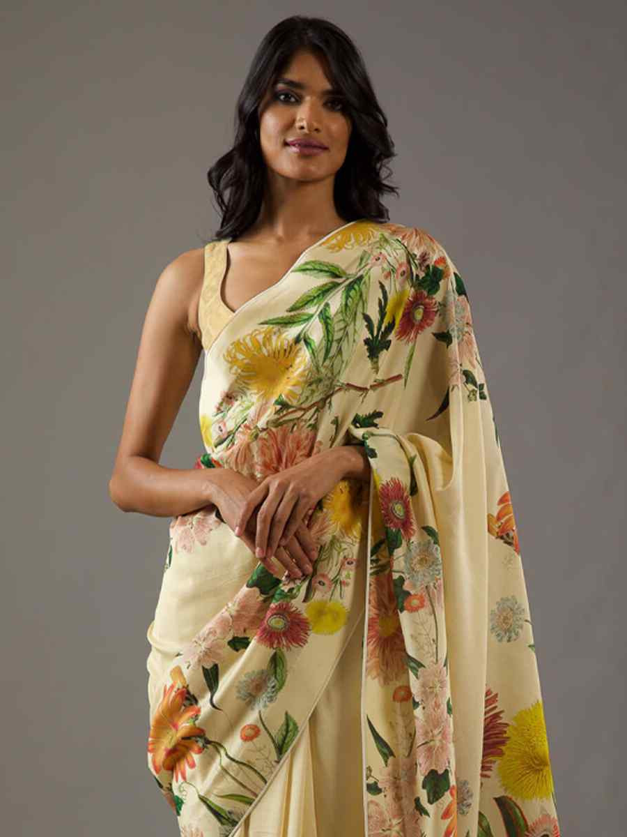 Yellow Bright Moss Printed Festival Casual Contemporary Saree