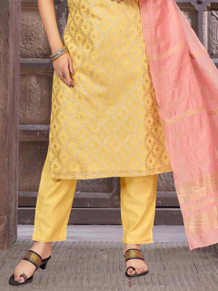 Yellow Brocade Silk Embroidered Festival Wedding Ready Pant Salwar Kameez