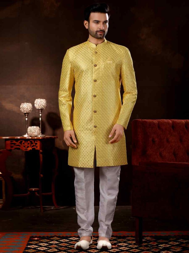 Yellow Brocade Woven Wedding Party Sherwani