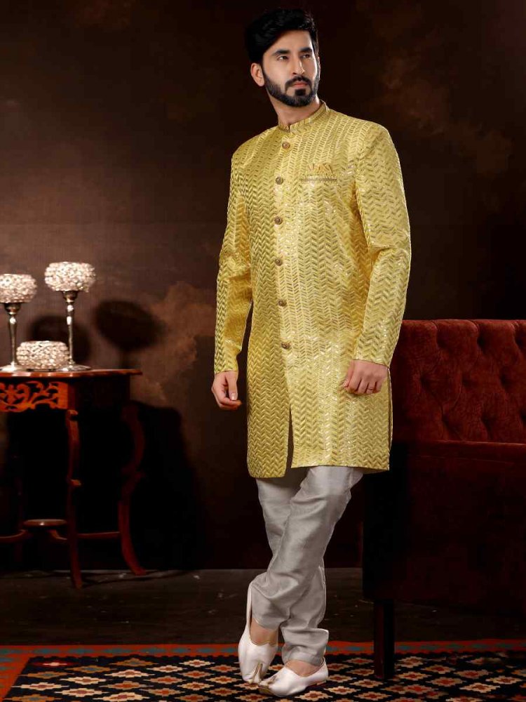 Yellow Brocade Woven Wedding Party Sherwani