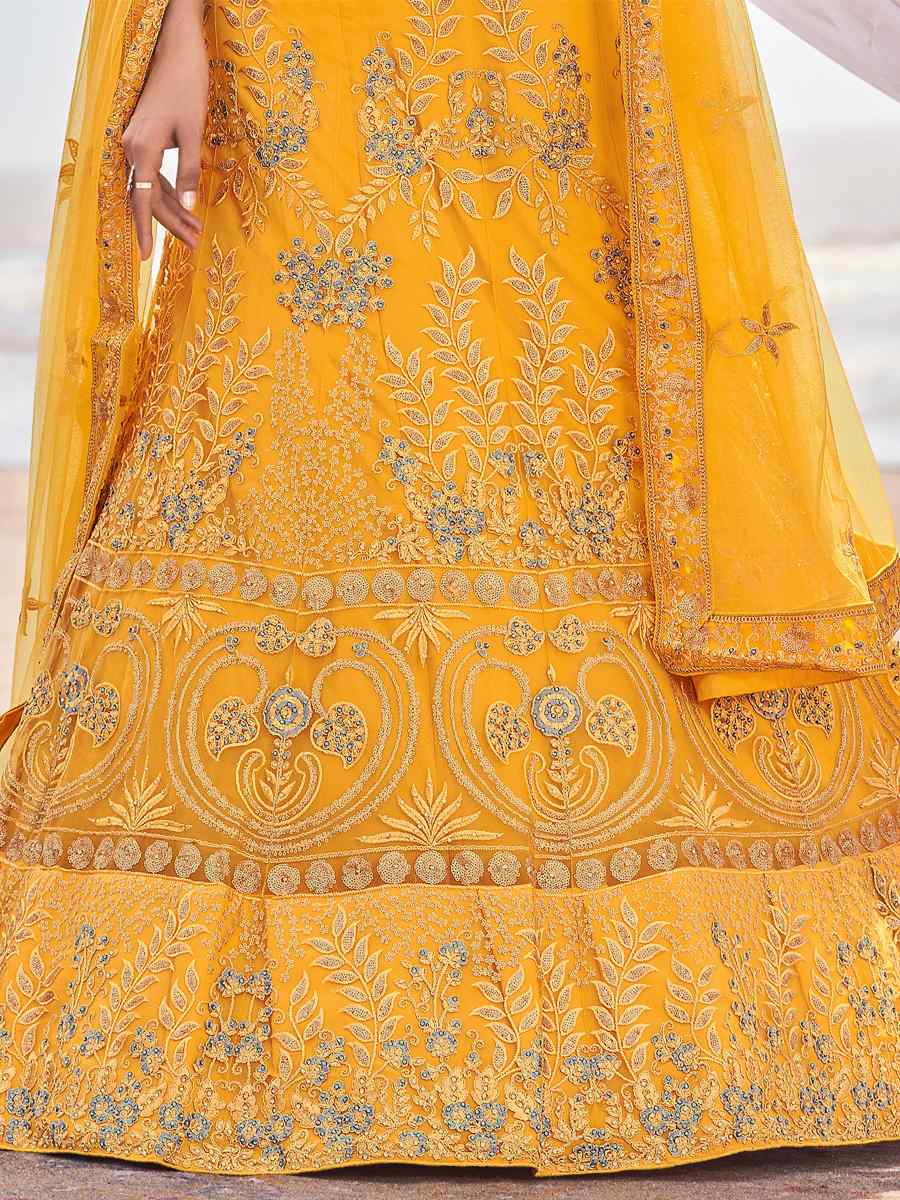 Yellow Butterfly Net Embroidered Bridal Haldi Heavy Border Lehenga Choli
