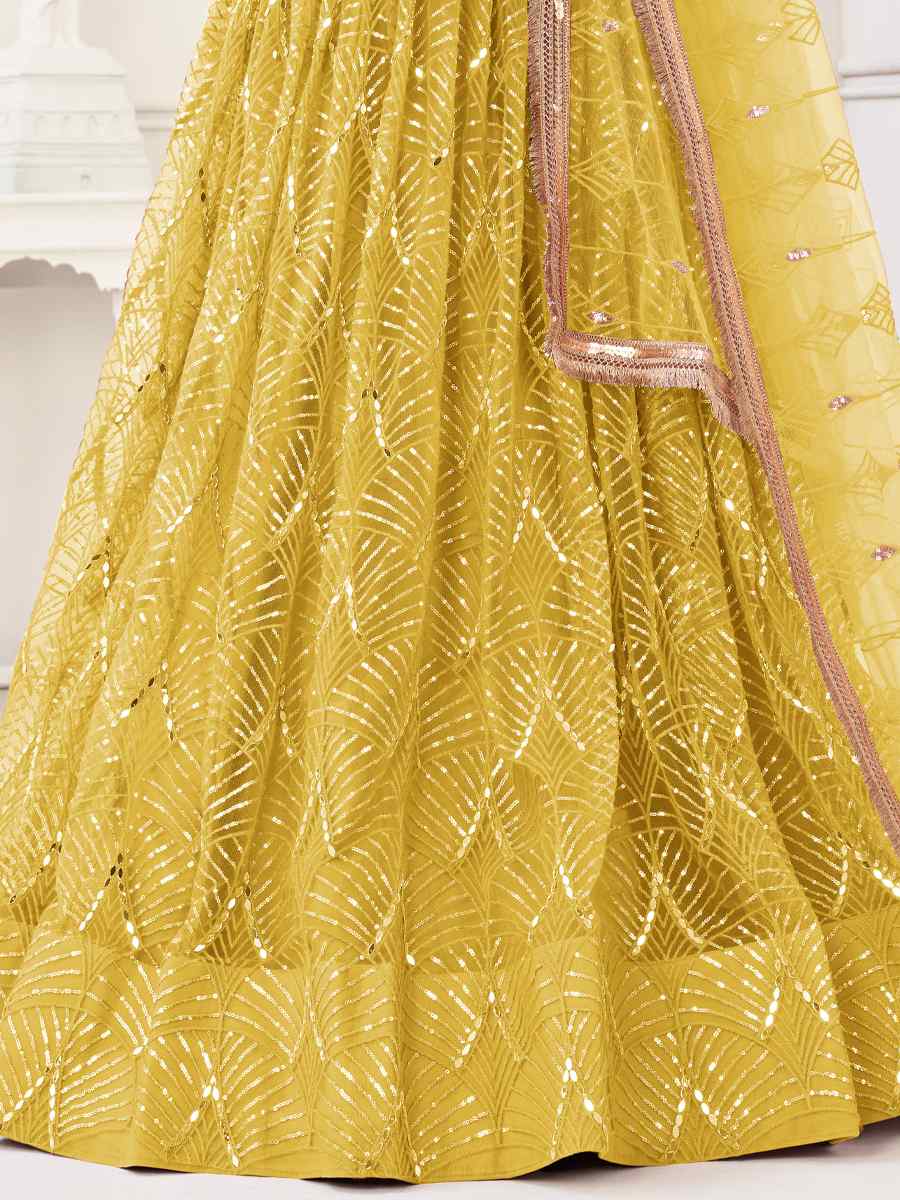 Yellow Butterfly Net Embroidered Bridesmaid Wedding Heavy Border Lehenga Choli