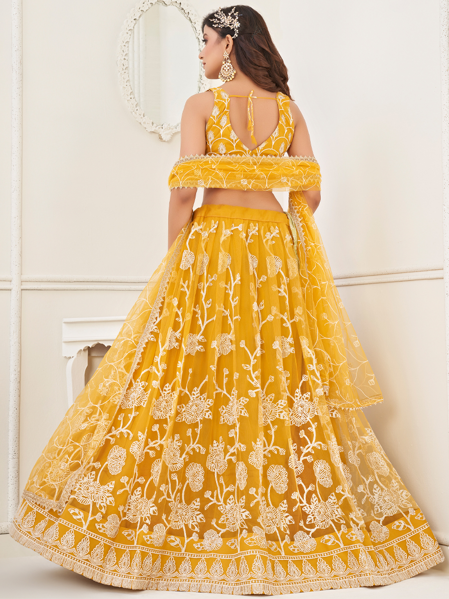 Yellow Butterfly Net Embroidered Party Wear Festival Heavy Border Lehenga Choli