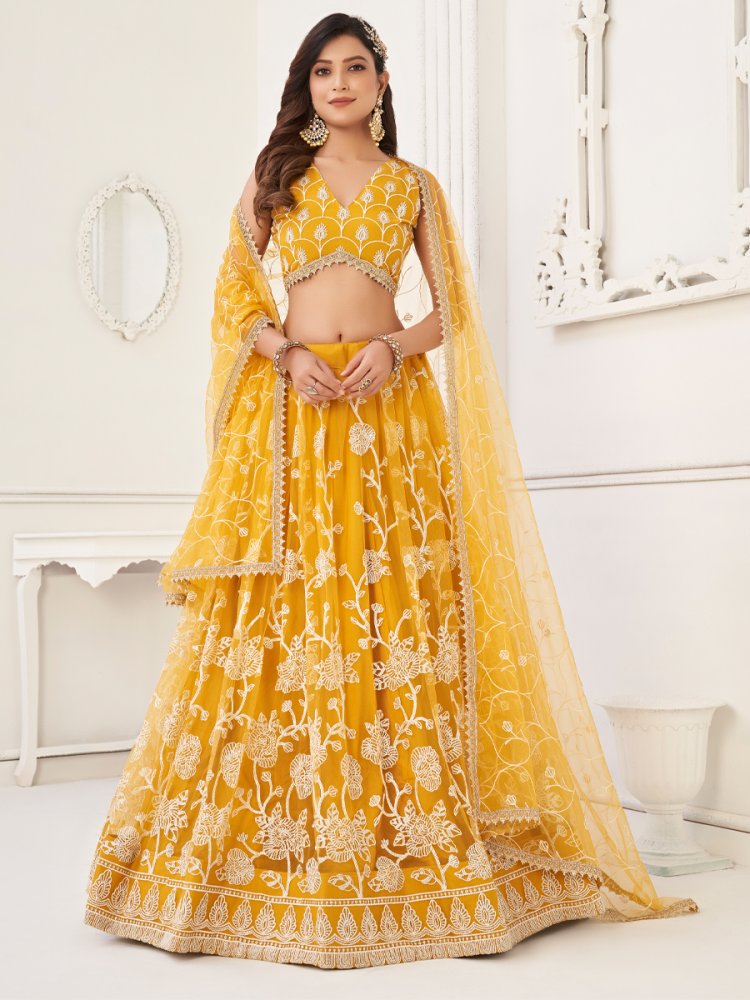 Yellow Butterfly Net Embroidered Party Wear Festival Heavy Border Lehenga Choli
