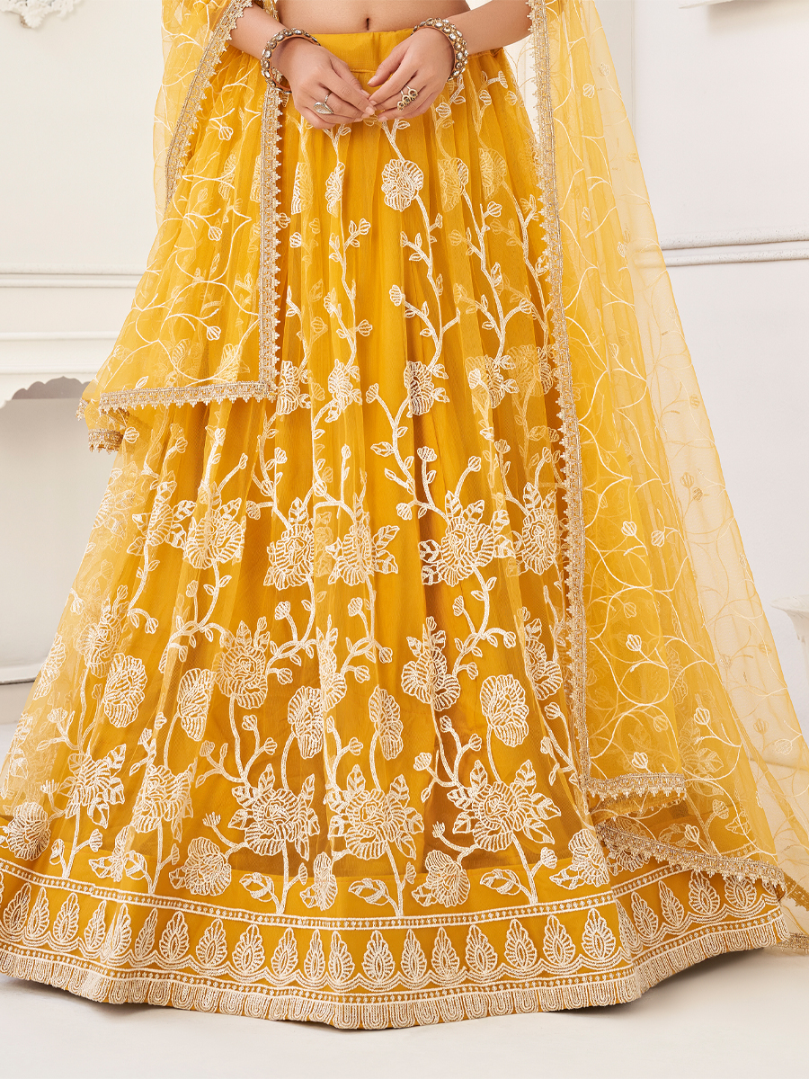 Yellow Butterfly Net Embroidered Party Wear Festival Heavy Border Lehenga Choli