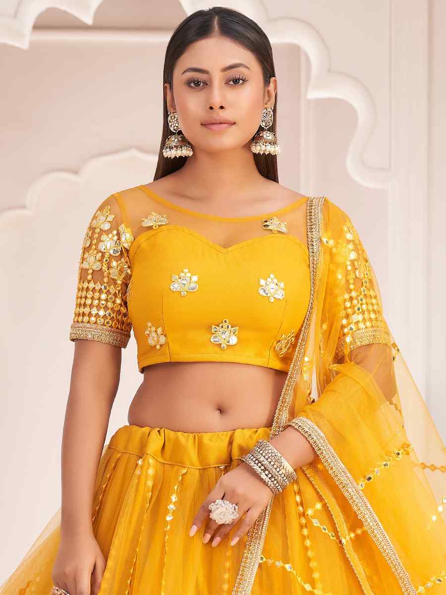 Yellow Butterfly Net Embroidered Party Wear Haldi Heavy Border Lehenga Choli