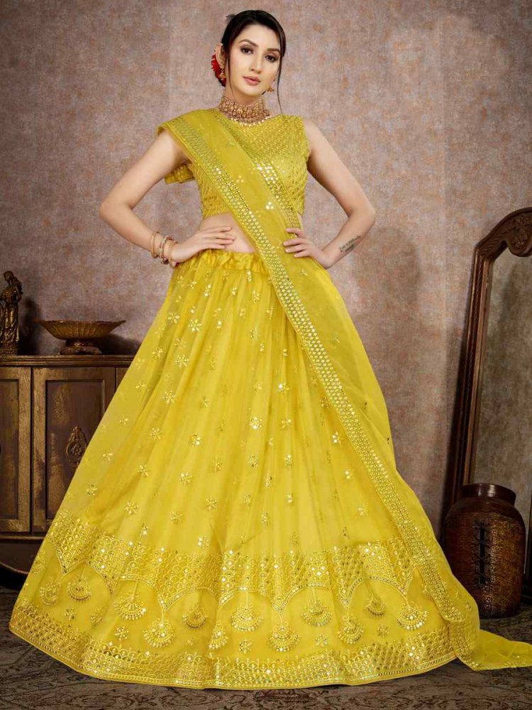 Yellow Butterfly Net Embroidered Wedding Festival Heavy Border Choli