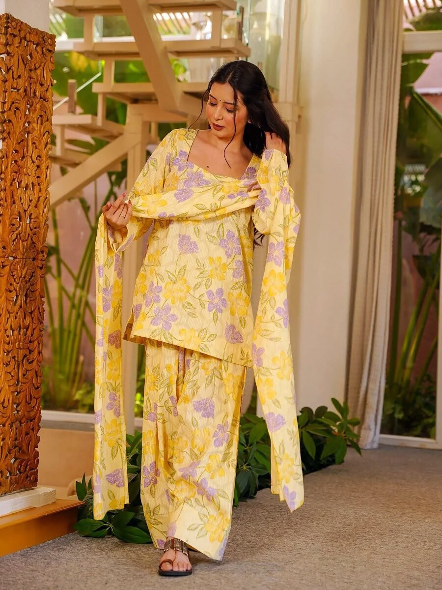 Yellow Cambric cotton Floral Printed Party Festival Casual Ready Farsi Pant Salwar Kameez