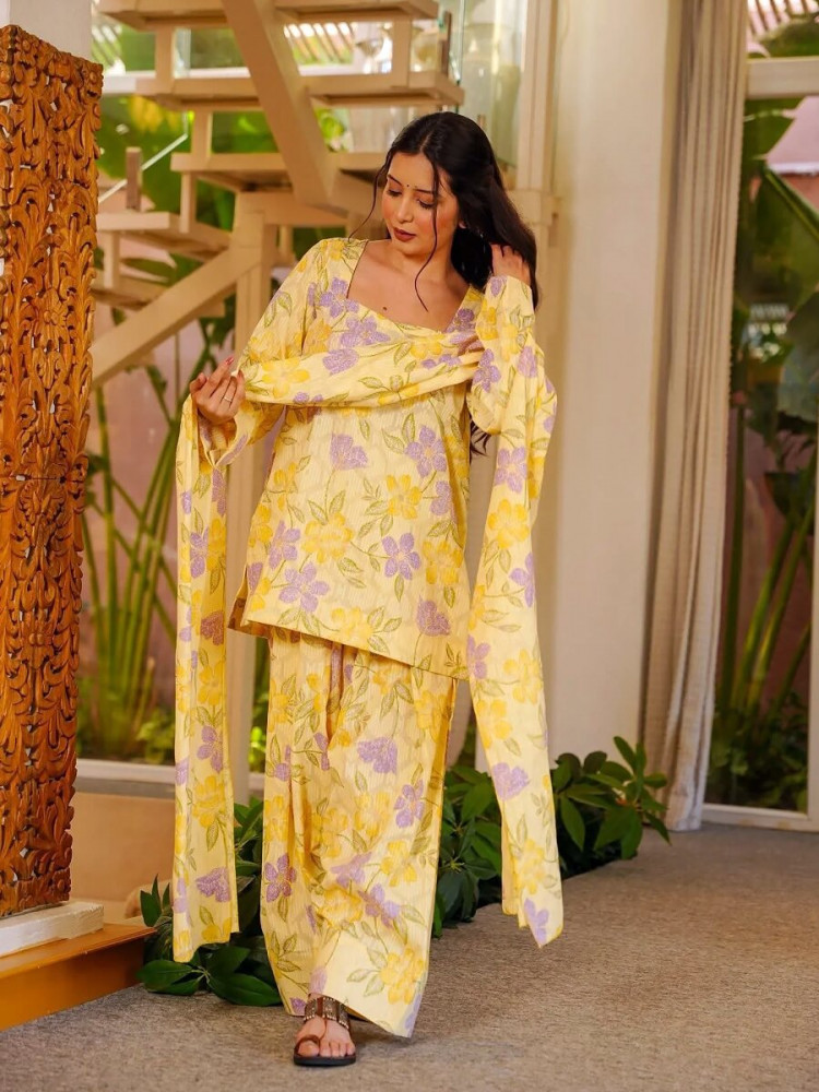 Image of Yellow Cambric cotton Floral Printed Party Festival Casual Ready Farsi Pant Salwar Kameez