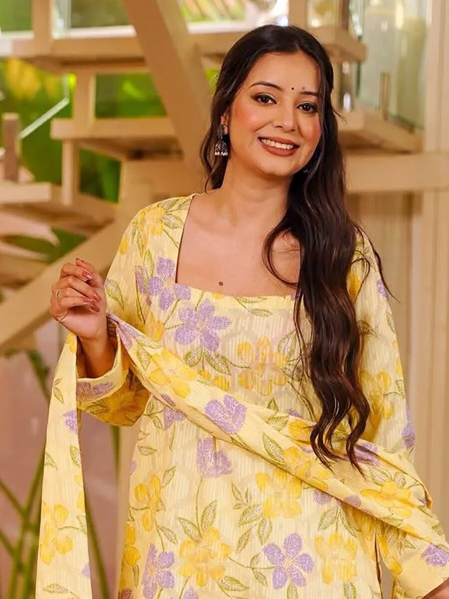 Yellow Cambric cotton Floral Printed Party Festival Casual Ready Farsi Pant Salwar Kameez