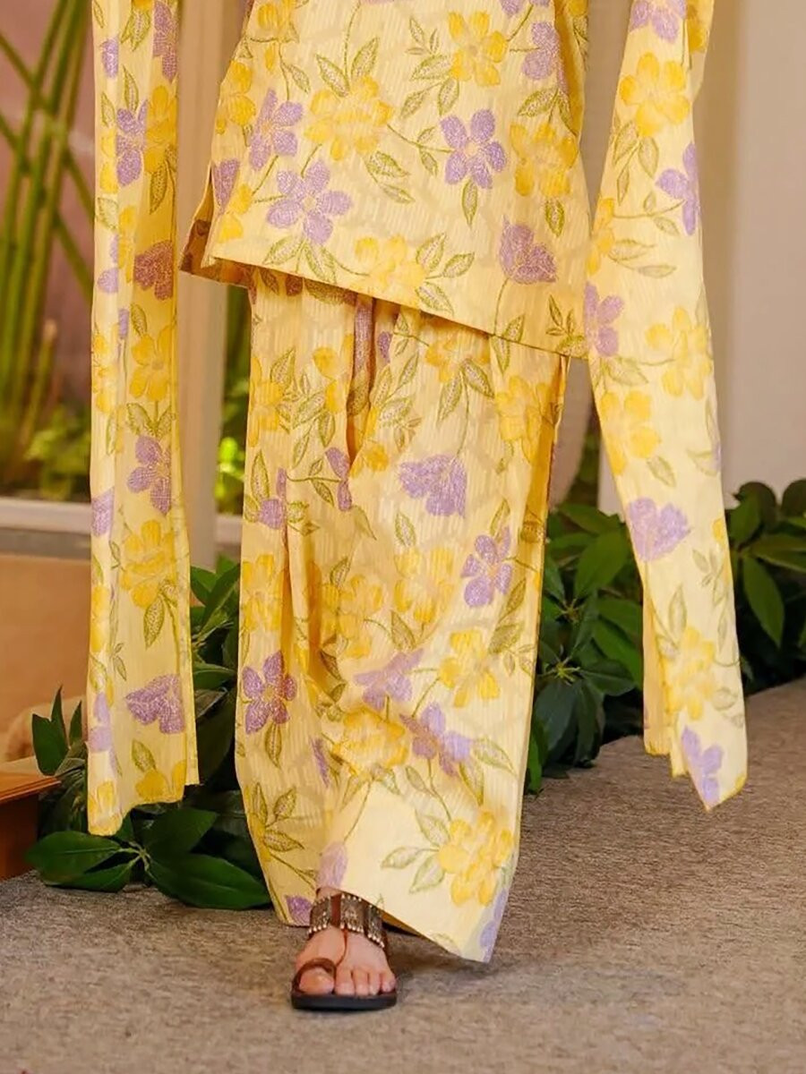 Yellow Cambric cotton Floral Printed Party Festival Casual Ready Farsi Pant Salwar Kameez