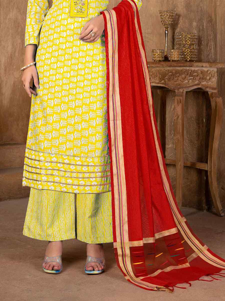 Yellow Cambric Cotton Printed Casual Festival Pant Salwar Kameez
