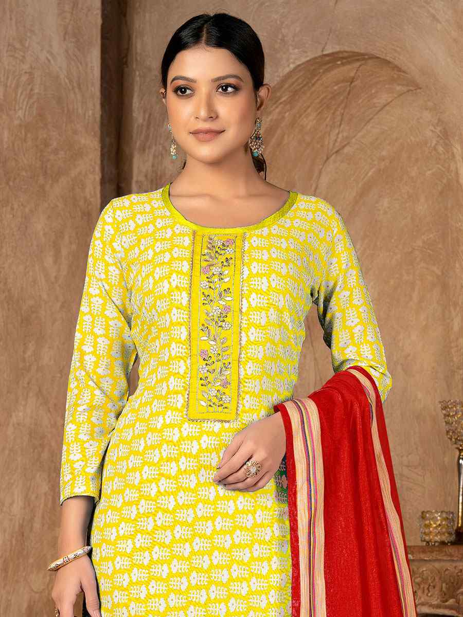 Yellow Cambric Cotton Printed Casual Festival Pant Salwar Kameez