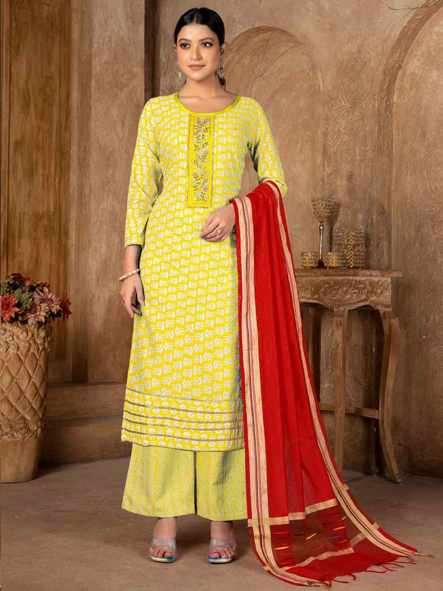 Yellow Cambric Cotton Printed Casual Festival Pant Salwar Kameez