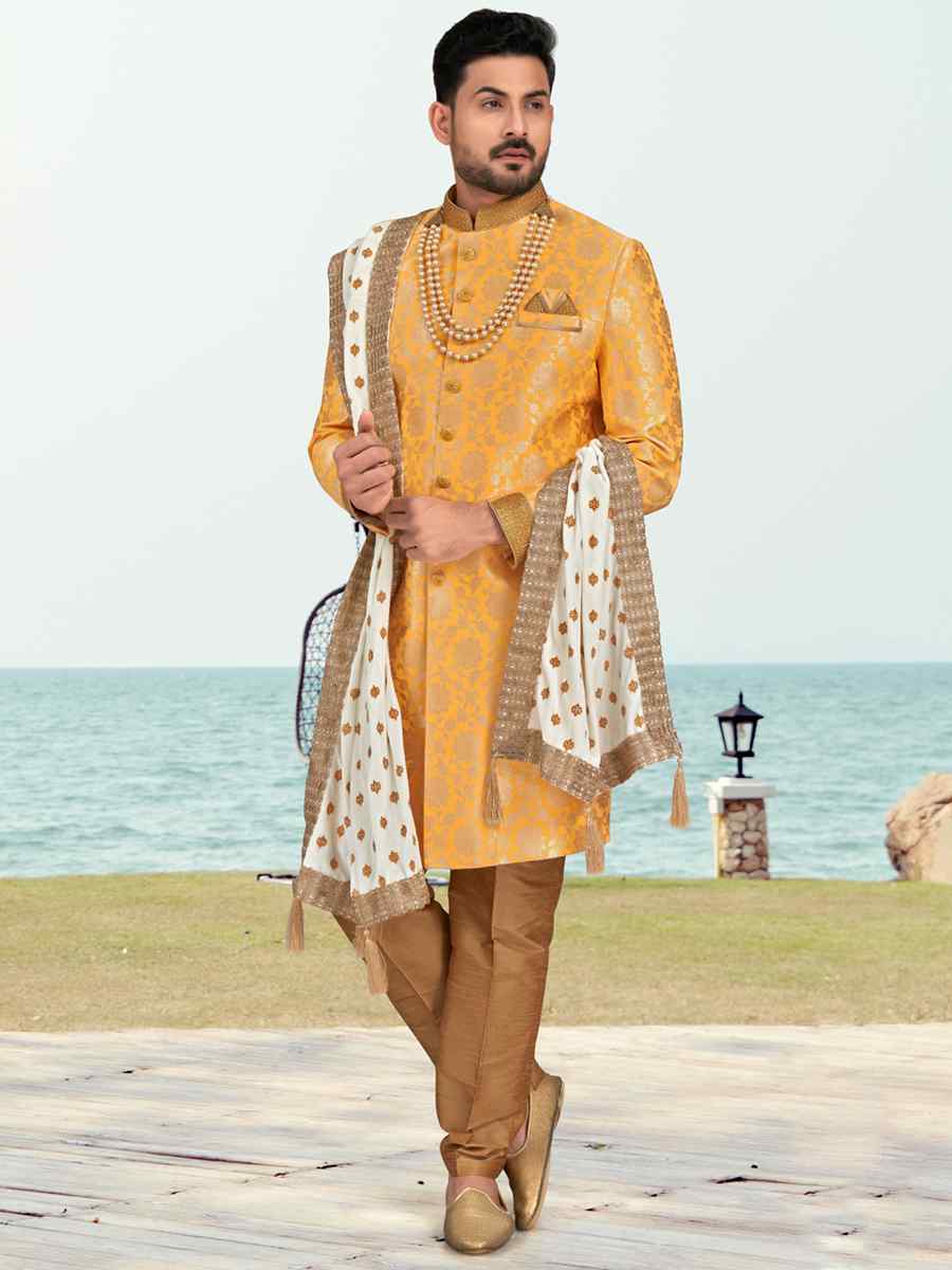 Yellow Champion Silk Printed Festival Party Sherwani