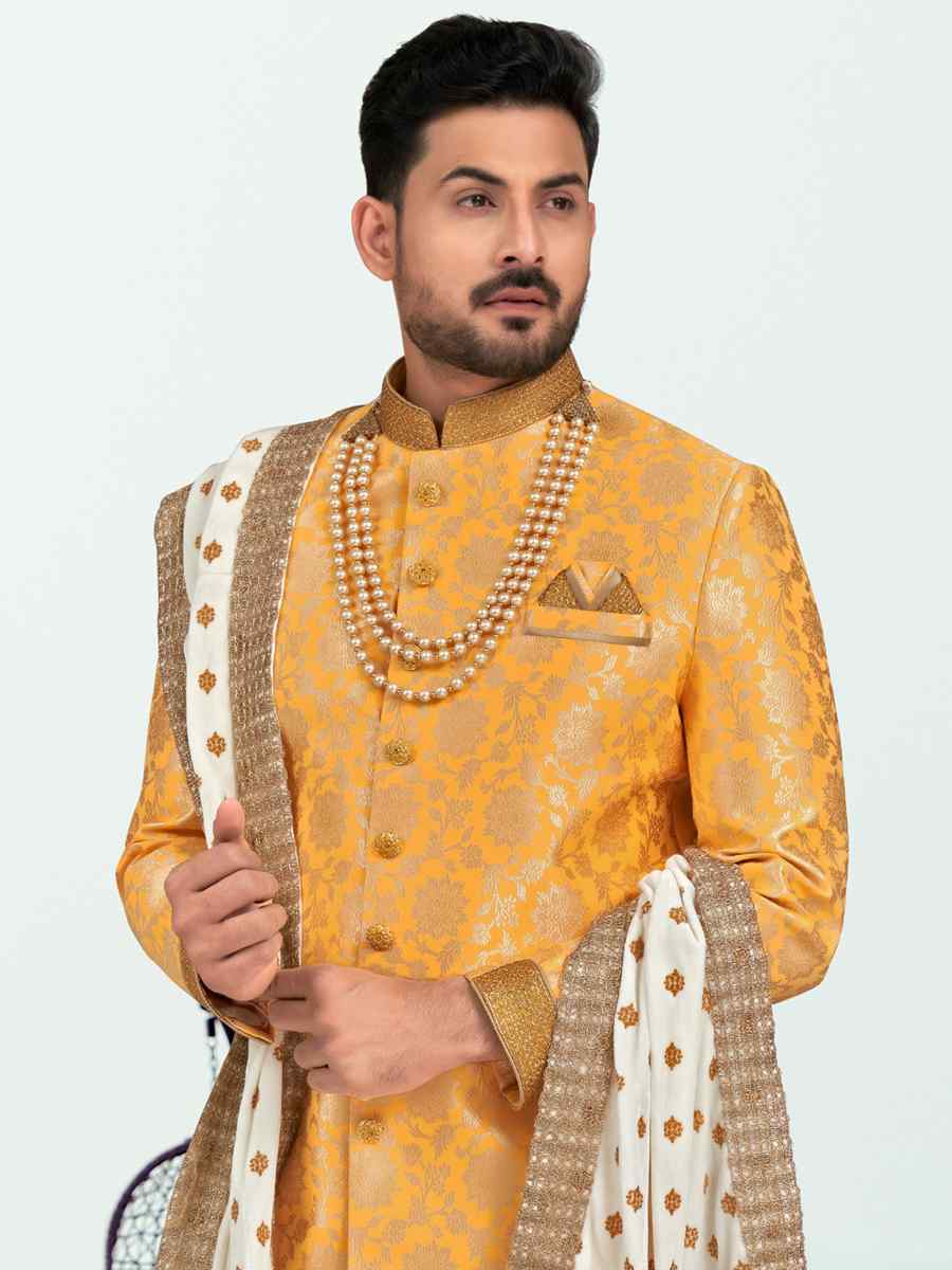 Yellow Champion Silk Printed Festival Party Sherwani