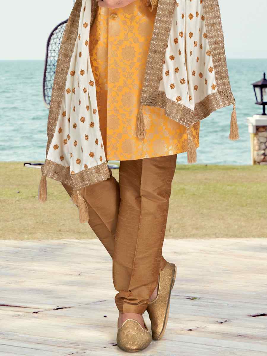 Yellow Champion Silk Printed Festival Party Sherwani