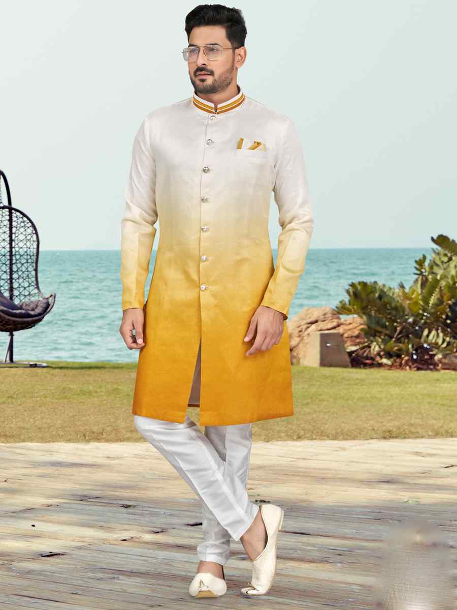 Yellow Champion Silk Printed Festival Party Sherwani