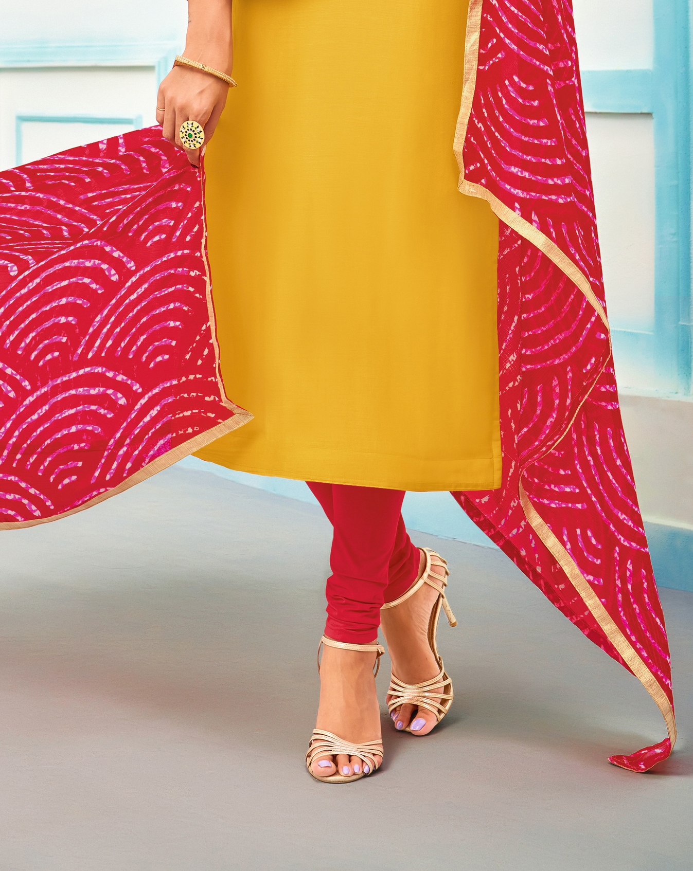 Yellow Chanderi Cotton Embroidered Casual Party Churidar Salwar Kameez