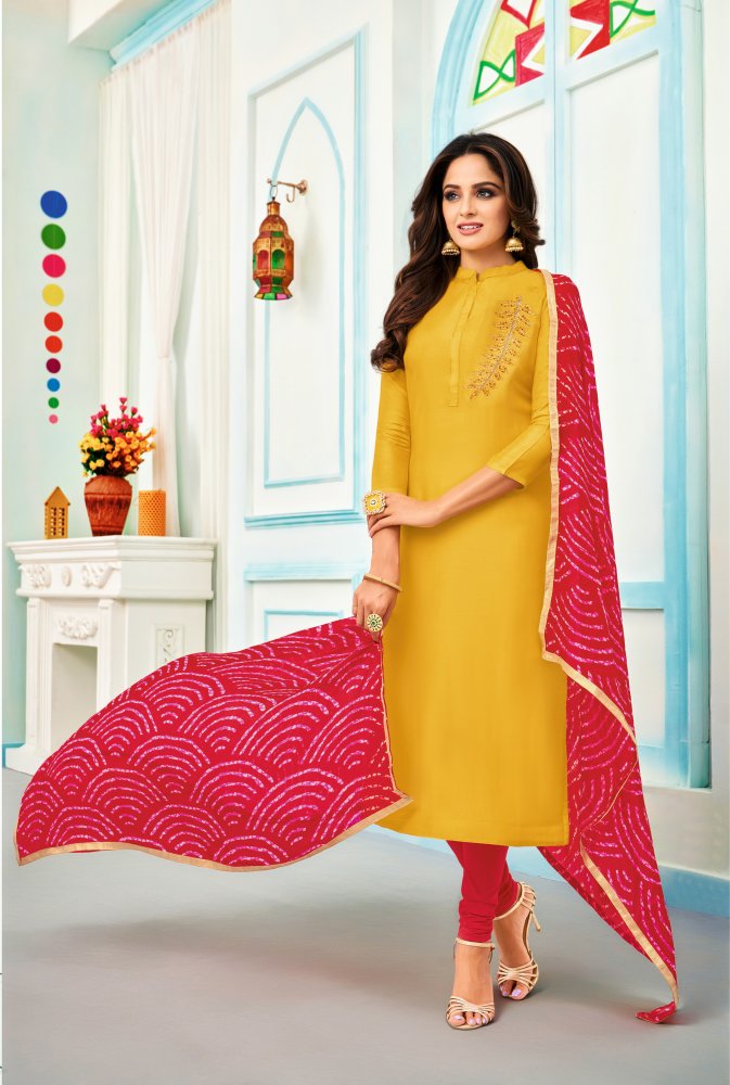 Yellow Chanderi Cotton Embroidered Casual Party Churidar Salwar Kameez