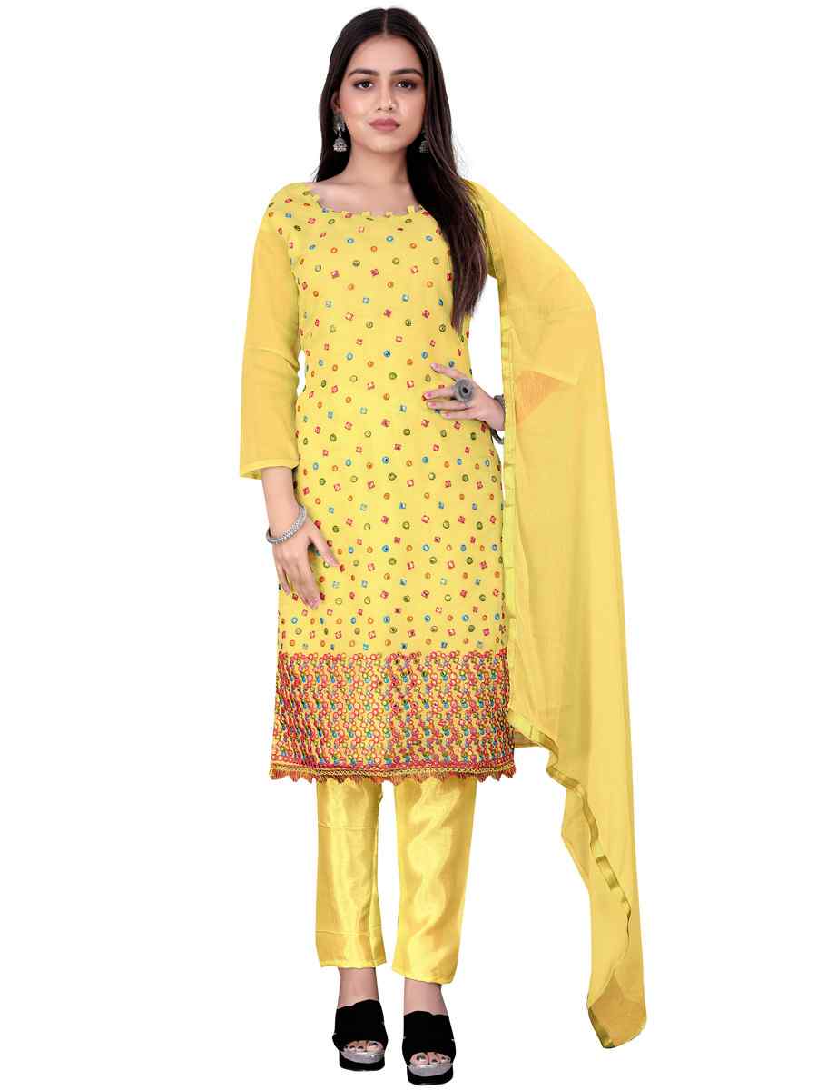 Yellow Chanderi Cotton Embroidered Festival Casual Pant Salwar Kameez