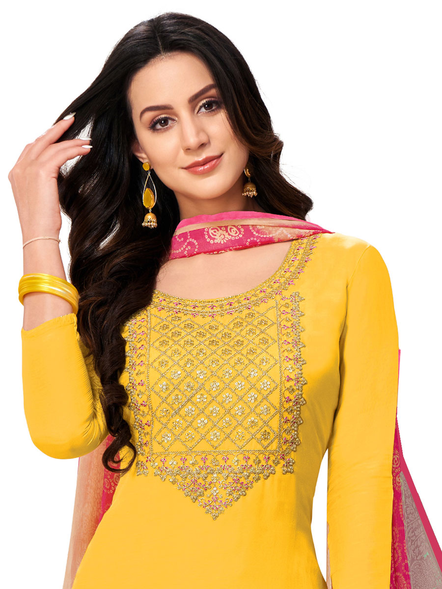 Yellow Chanderi Cotton Embroidered Party Churidar Pant Kameez