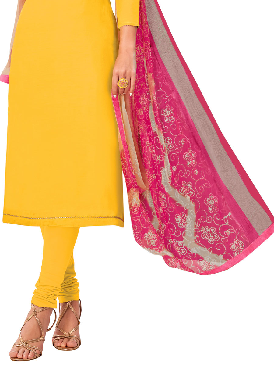 Yellow Chanderi Cotton Embroidered Party Churidar Pant Kameez