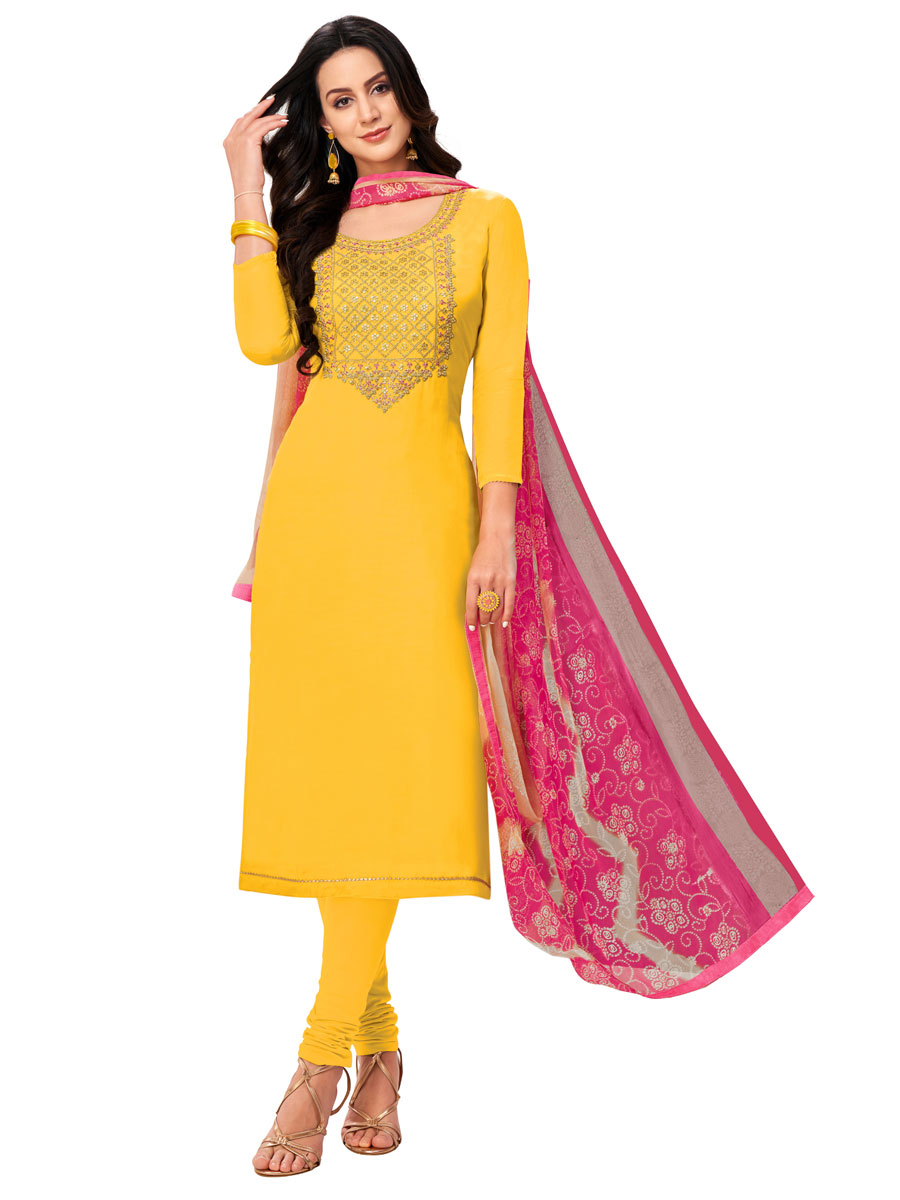 Yellow Chanderi Cotton Embroidered Party Churidar Pant Kameez