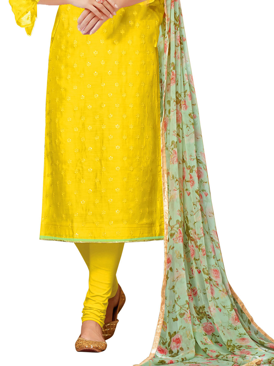 Yellow Chanderi Cotton Embroidered Party Churidar Pant Kameez