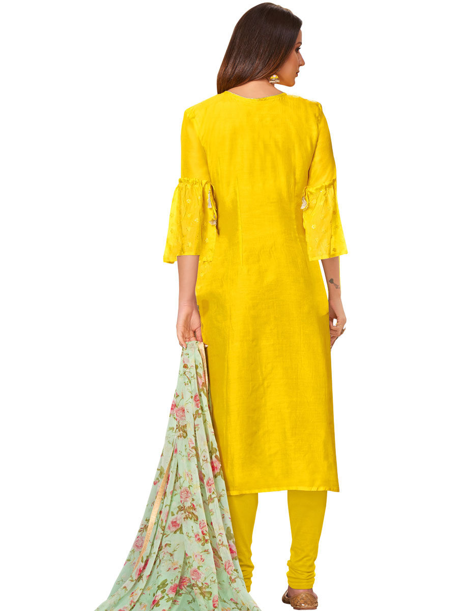 Yellow Chanderi Cotton Embroidered Party Churidar Pant Kameez