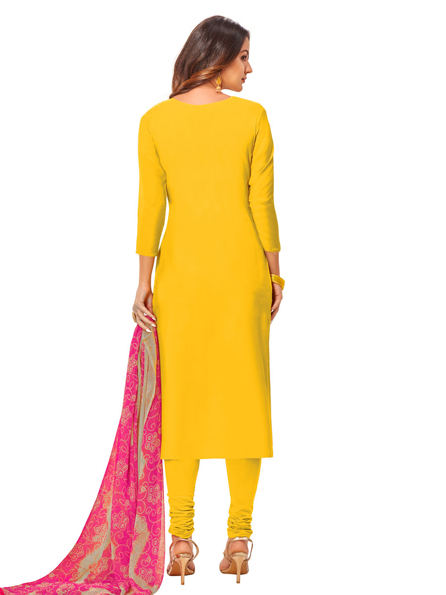Yellow Chanderi Cotton Embroidered Party Churidar Pant Kameez