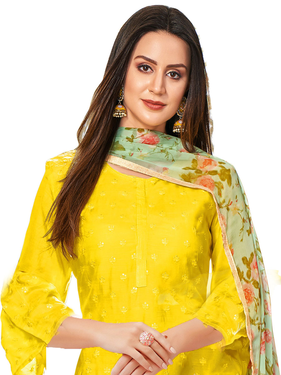 Yellow Chanderi Cotton Embroidered Party Churidar Pant Kameez