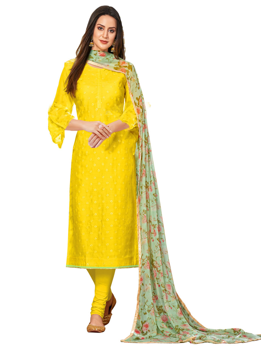Yellow Chanderi Cotton Embroidered Party Churidar Pant Kameez