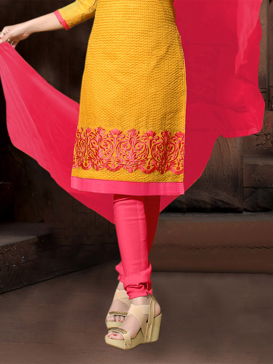 Yellow Chanderi Cotton Printed Casual Festival Churidar Salwar Kameez