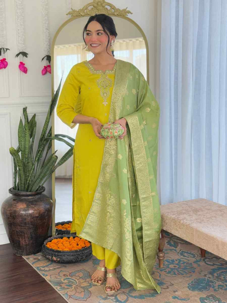 Yellow Chanderi Embroidered Festival Casual Ready Pant Salwar Kameez