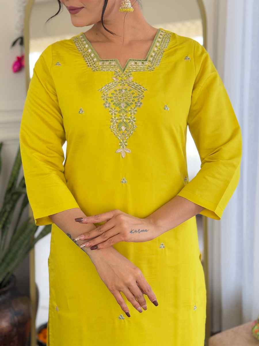 Yellow Chanderi Embroidered Festival Casual Ready Pant Salwar Kameez