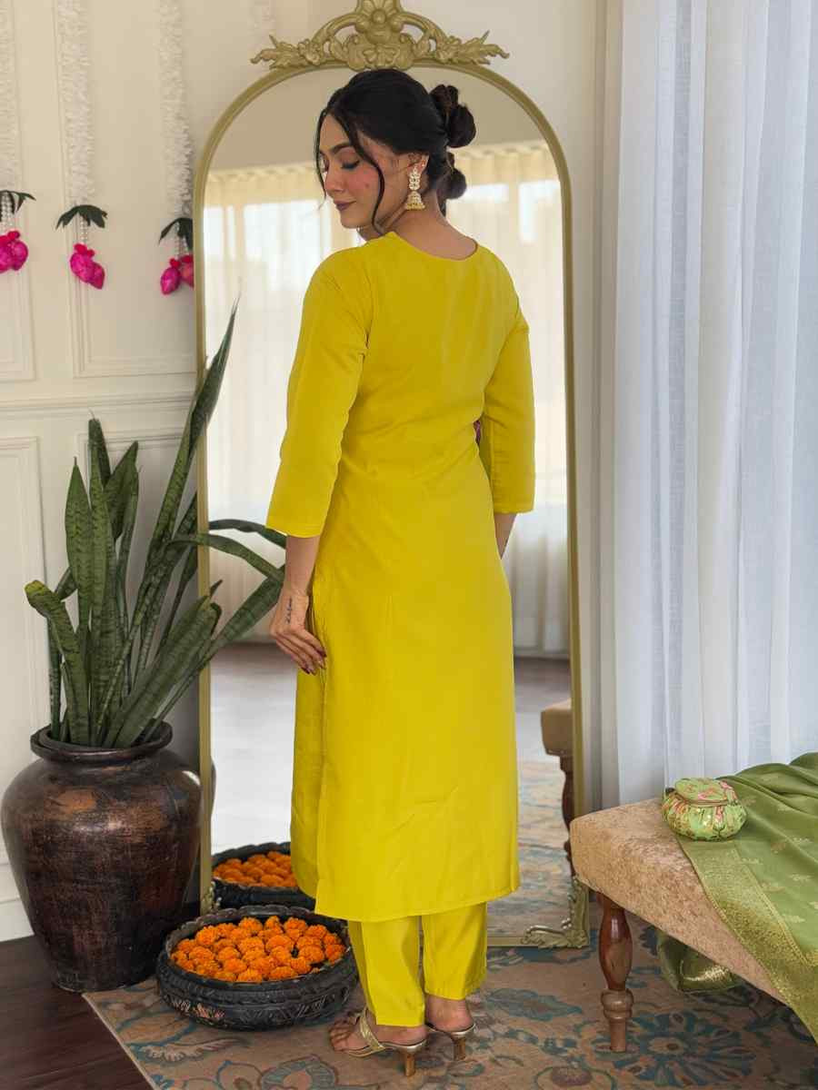 Yellow Chanderi Embroidered Festival Casual Ready Pant Salwar Kameez