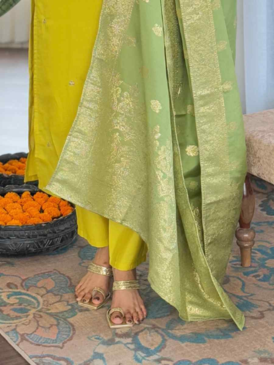 Yellow Chanderi Embroidered Festival Casual Ready Pant Salwar Kameez