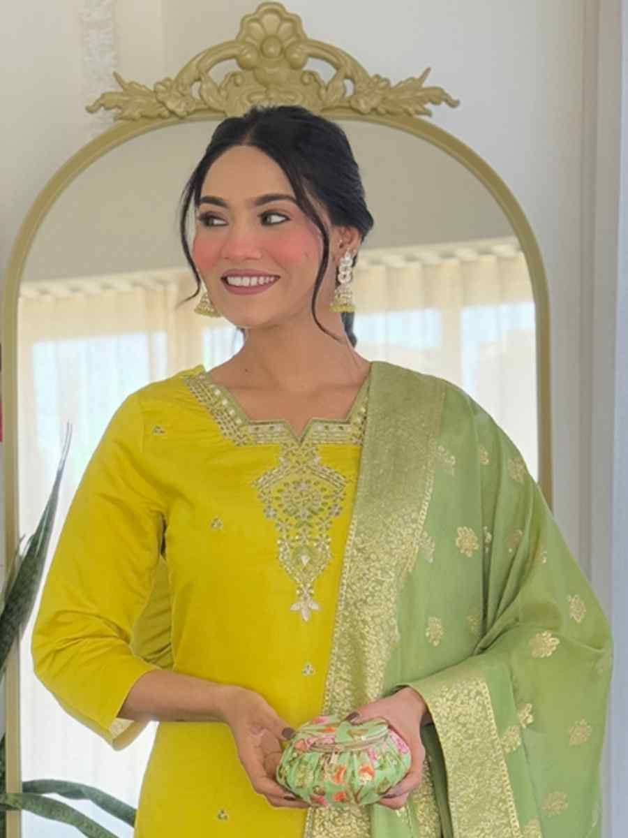 Yellow Chanderi Embroidered Festival Casual Ready Pant Salwar Kameez