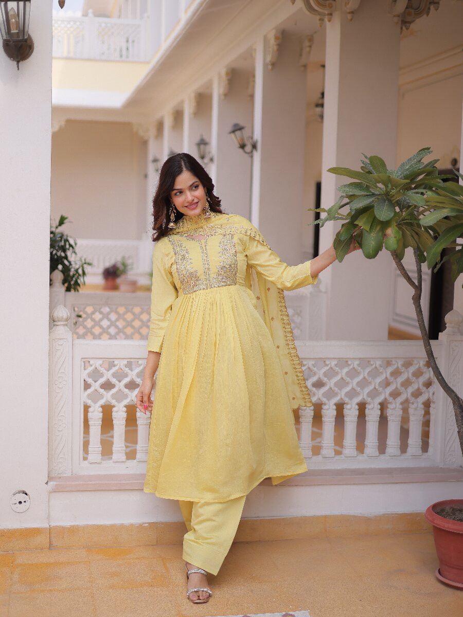 Yellow Chanderi Embroidery Sequins Zari Stone Work Festival Party Wedding Casual Ready Anarkali Pant Salwar Kameez